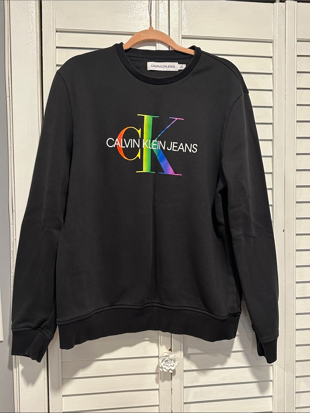 Calvin Klein Jeans Black Crewneck Sweatshirt with Rainbow CK Logo